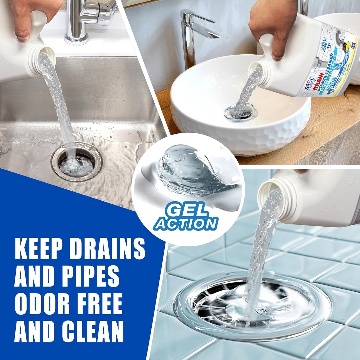 Sani 360 Drain Power Cleaner, Enzyme Probiotic Odor remover, Drain and Garbage Disposal Cleaner, Flush Away Grease, Soap Scum, Lemon scent Septic safe. Save Money on Plumbing, 16 uses, Made in the USA