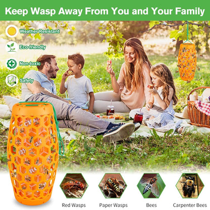 Wasp Trap Bee Catcher - Outdoor Hanging Carpenter Bee Traps with 4 Sticky Boards, Non-Toxic Reusable Hornet & Yellow Jacket Trap, 2 Pack (Orange)