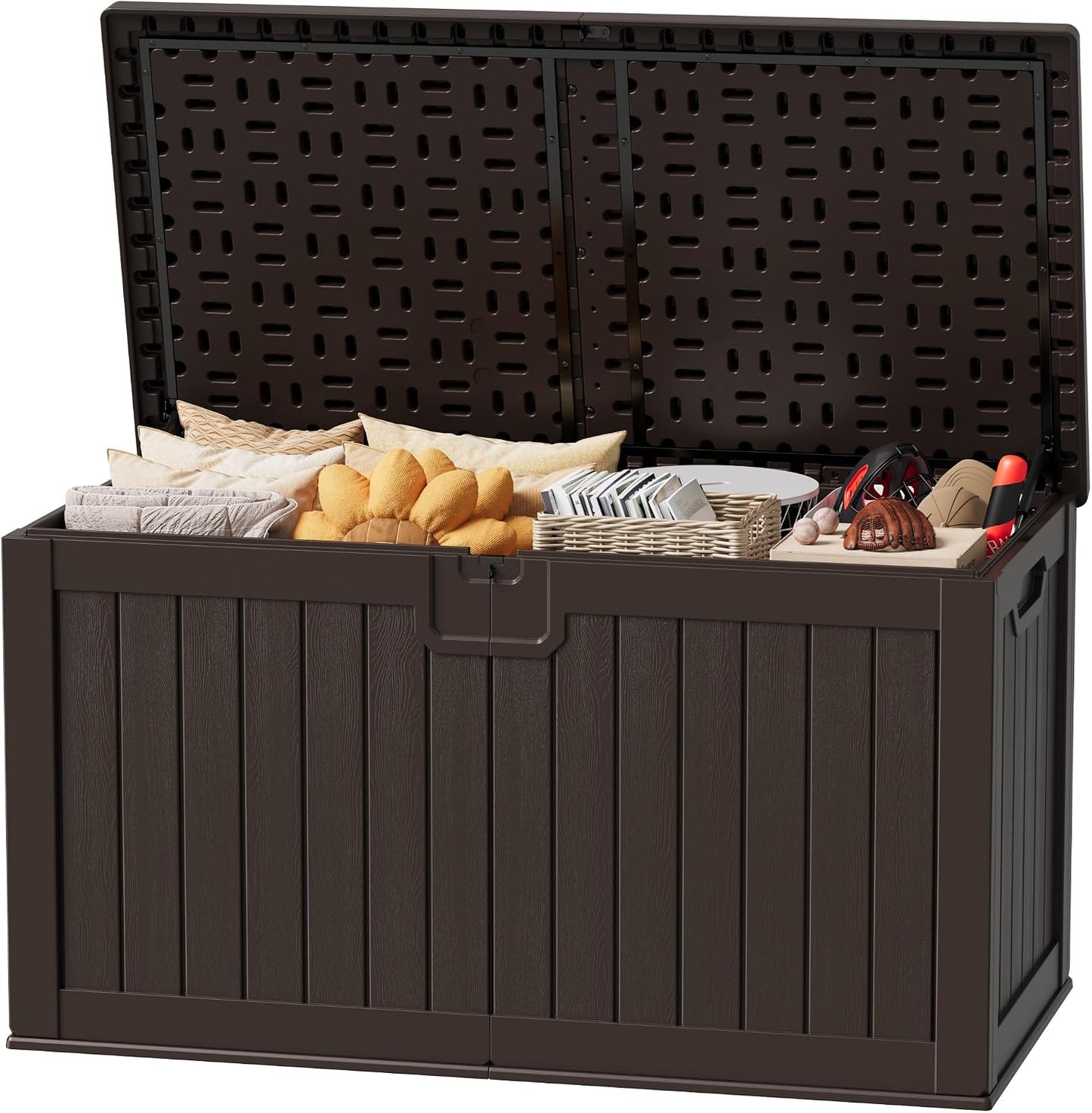 JUMMICO 31 Gallon Resin Deck Box Waterproof Indoor Outdoor Storage Boxes for Patio Furniture Cushions and Garden Tools (Brown)