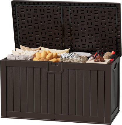 JUMMICO 31 Gallon Resin Deck Box Waterproof Indoor Outdoor Storage Boxes for Patio Furniture Cushions and Garden Tools (Brown)