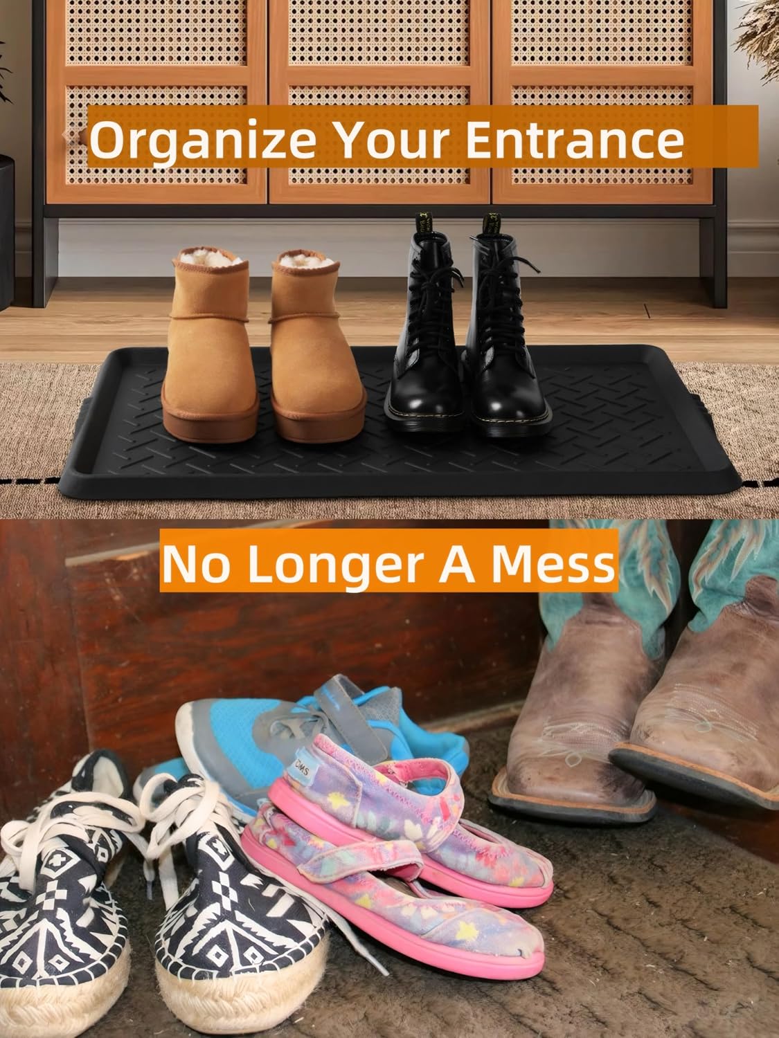 Boot Tray TPE Rubber, Large Shoe Trays for Entryway, Multi-Purpose Boot Mat Tray with Raised Edge, 28.3"x16.1" Rubber Mat for Shoe Organizer Indoor/Outdoor Use (Black)