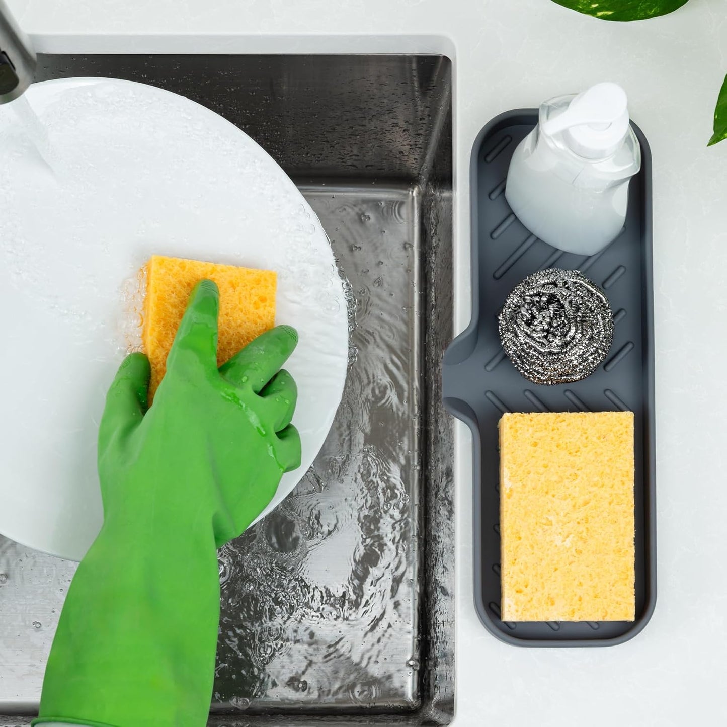 Zulay Kitchen (9x3.5in) Sponge Holder for Kitchen Sink - Flexible Heavy-Duty Multipurpose Sink Caddy - Counter Organizer for Kitchen, Bathroom, Makeup, Trinkets & More! (Grey)