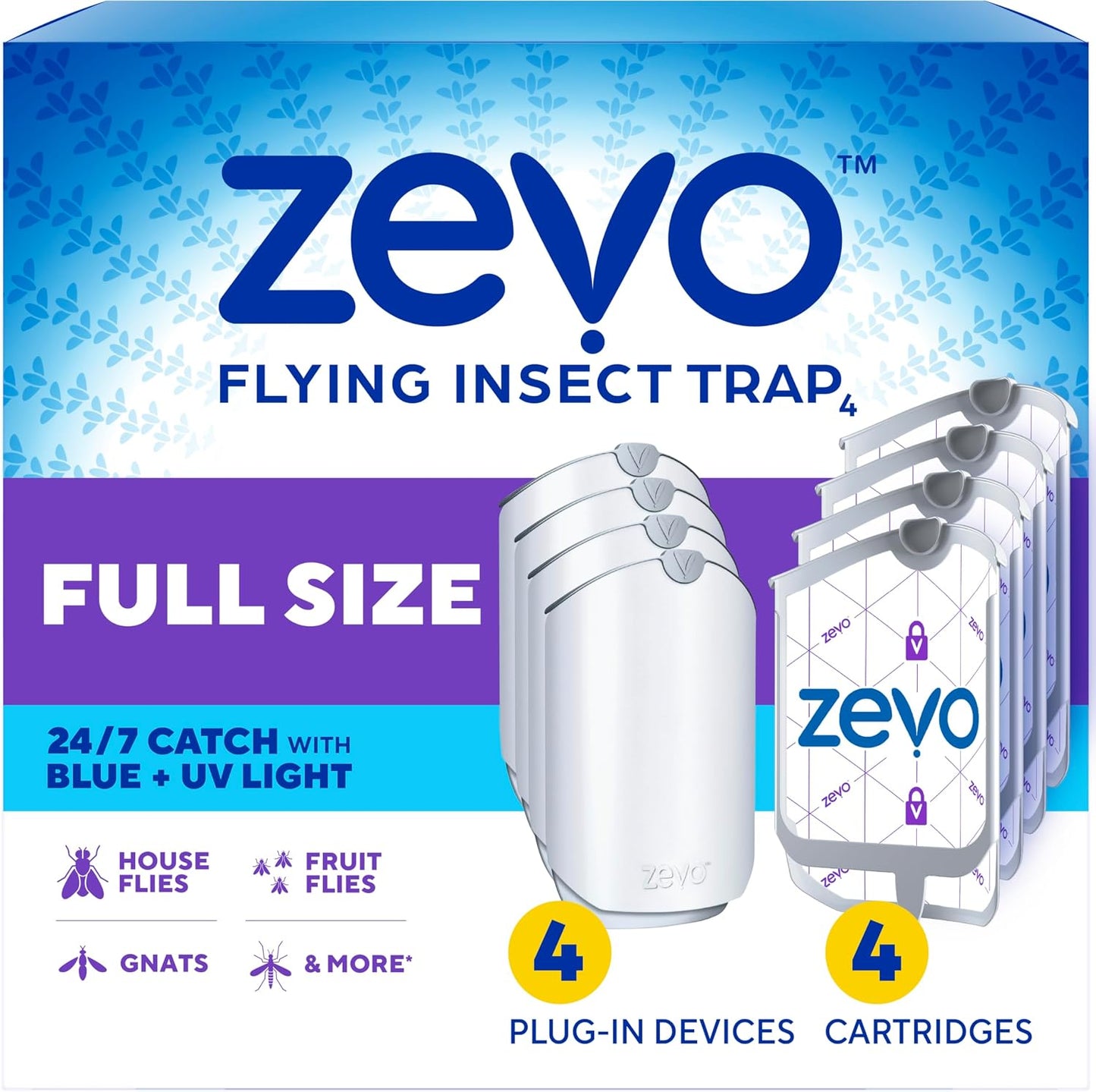 Zevo Flying Insect Traps - Plug-in Indoor Fly Trap and Bug Light Trap Refill with Blue and UV Light - No-Mess Cartridge for House Flies, Fruit Fly Trap and Gnats (2 Plug-in Bases and 2 Cartridges)