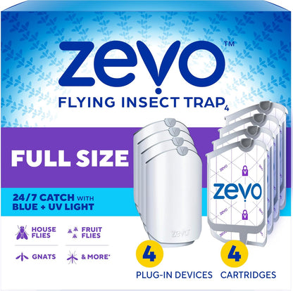 Zevo Flying Insect Traps - Plug-in Indoor Fly Trap and Bug Light Trap Refill with Blue and UV Light - No-Mess Cartridge for House Flies, Fruit Fly Trap and Gnats (2 Plug-in Bases and 2 Cartridges)