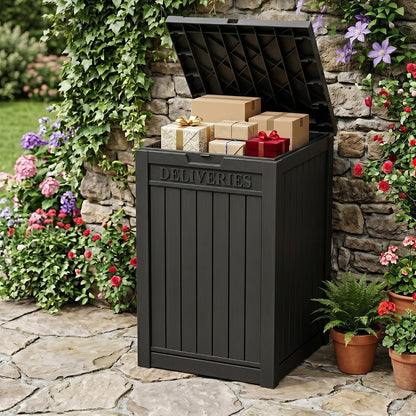 Outdoor Storage Box, 90 Gallon Package Delivery Boxes for Outside, with Lockable Secure, Deck Box Outdoor Waterproof for Entryway, Front Porch, Backyard, Garden, Patio, Lawn, Black