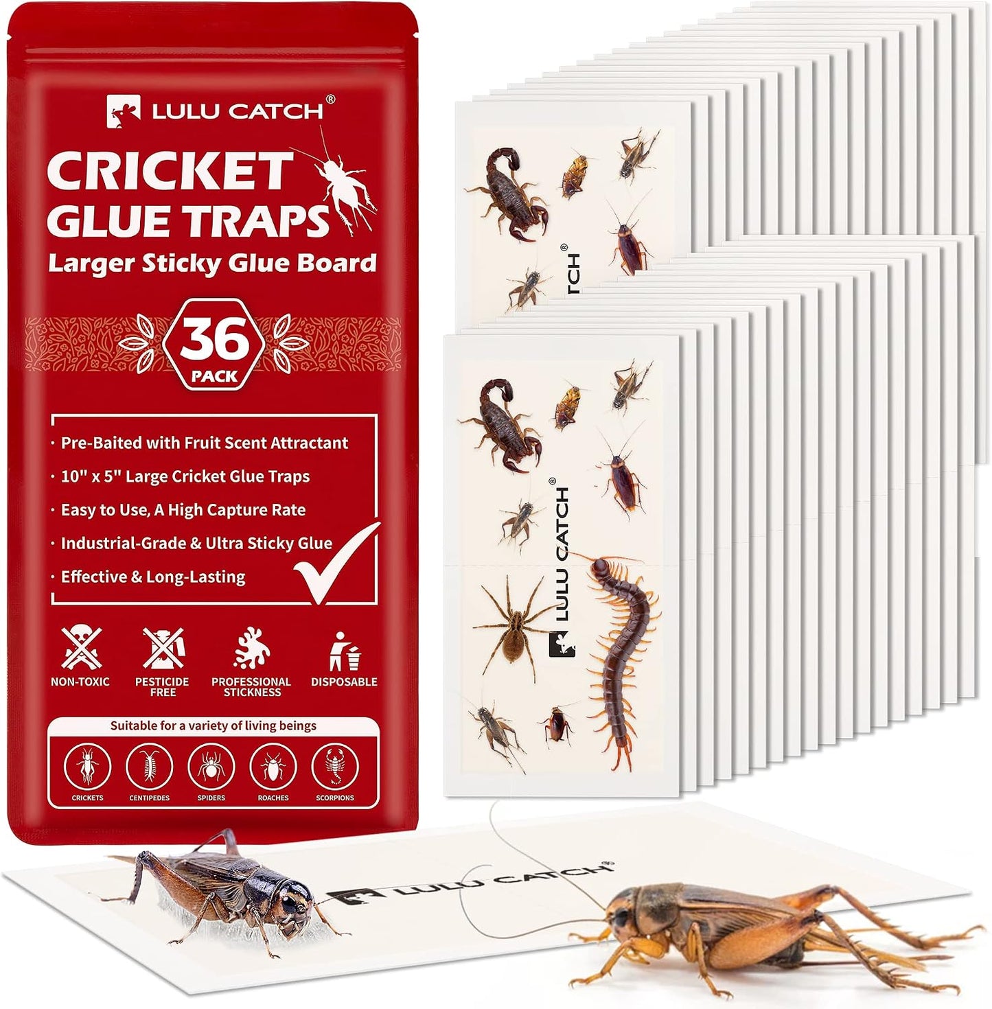 LULUCATCH Cricket Insect Glue Traps - 6 Pack Bug Cockroach Sticky Traps, Large Spider Trap with Pre-Baited Attractant, Highly Effective Glue Boards Indoor, Non-Toxic Pet Safe, Easy to Use