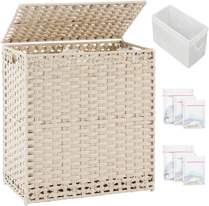 SETVSON Laundry Hamper with Lid Laundry Basket 132 L (35 Gal) Wicker Clothes Hamper, Handwoven Rattan Hamper with Handles and 4 Removable Liner Bags, 6 Mesh Bags for Laundry Bedroom Natural