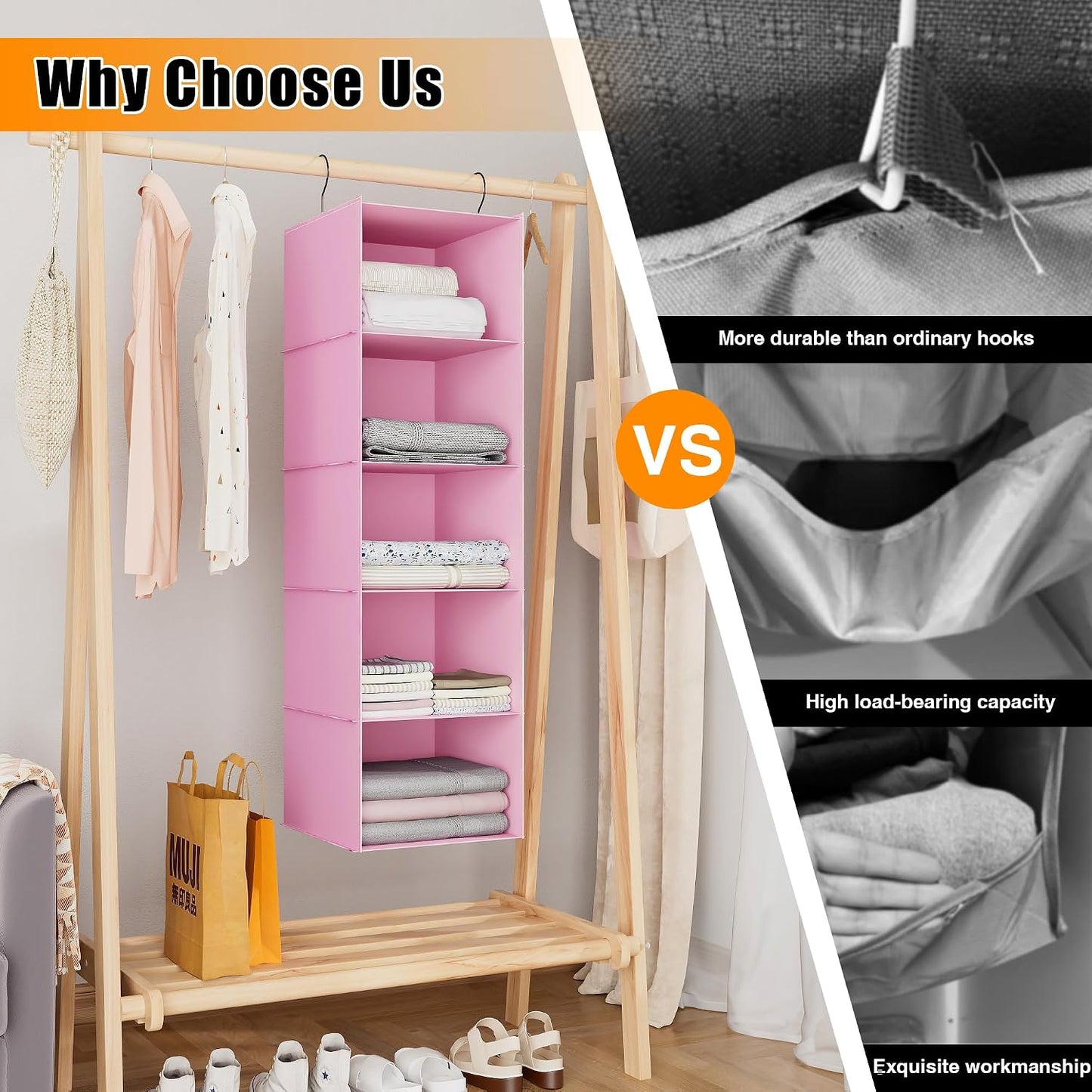 Hanging Closet Organizer 3-Shelf, Oxford Fabric Wardrobe Storage, Gray | Easy-mount foldable design holds clothes, handbags, shoes & accessories; washable Oxford fabric, sturdy and space-saving.