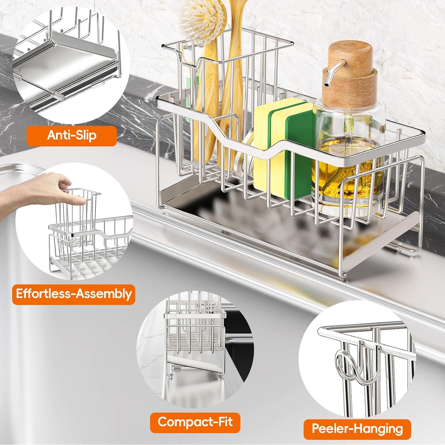 StorageRight Kitchen Sink Caddy Organizer, Rustproof Sponge Holder for Kitchen Sink, Instant Dry High Brush Holders with Drain Tray, Anti-Slip Storage Organization Essentials, Black
