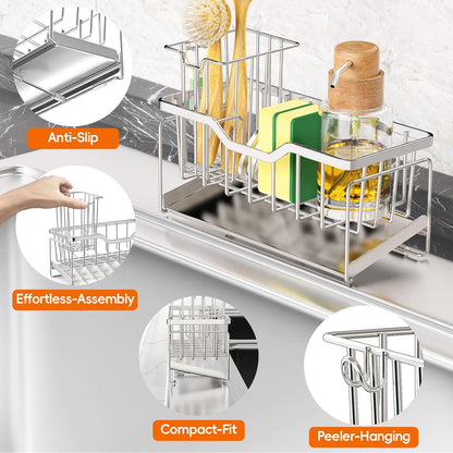 StorageRight Kitchen Sink Caddy Organizer, Rustproof Sponge Holder for Kitchen Sink, Instant Dry High Brush Holders with Drain Tray, Anti-Slip Storage Organization Essentials, Black
