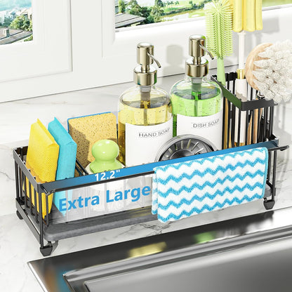 Cisily Extra Large Sink Caddy Organizer with Drying Stone, Black Sponge Holder for Kitchen, Dish Brush Holder for Countertop, Kitchen Decor Storage and Essentials