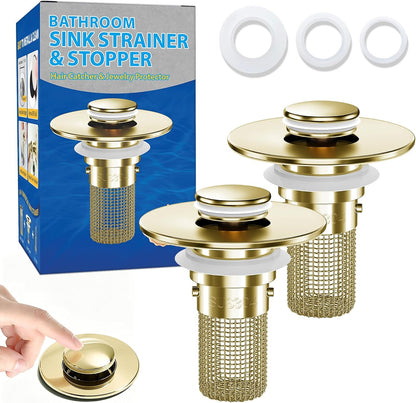 2PCS Bathroom Sink Stopper Strainer, Pop-Up Bathroom Sink Drain Strainer with Removable Stainless Steel Hair Catcher Basket, Universal Fit for US Bathroom Sinks, Bathtubs, Showers & Floor Drains