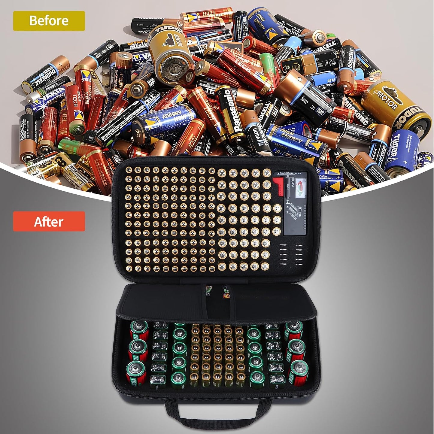 Battery Organizer Storage Case with Tester, Stores & Protects 120*AAA, 93*AA, 12*C, 16 * 9V, 8*D, 10*Coin Cell, Exceed 259 Batteries (Batteries are Not Included)