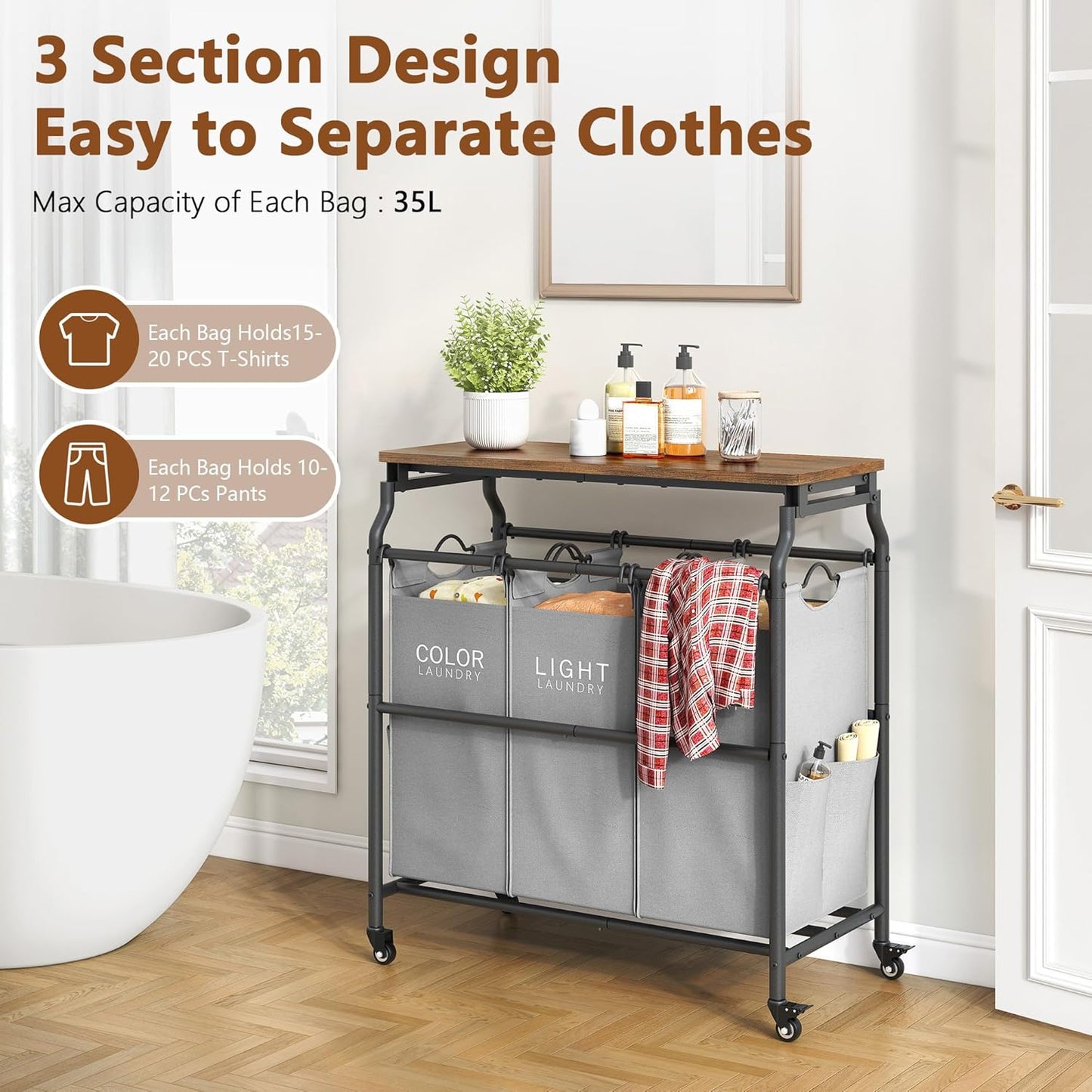 Hoctieon 3 Section Laundry Sorter Cart with Ironing Board, Laundry Hamper with Shelf and Rolling Wheels, Heavy Duty Laundry Basket Organizer, Large Clothes Separator Hamper with Removable Bags, Black
