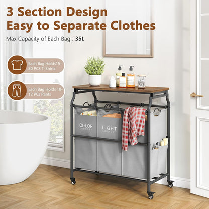 Hoctieon 3 Section Laundry Sorter Cart with Ironing Board, Laundry Hamper with Shelf and Rolling Wheels, Heavy Duty Laundry Basket Organizer, Large Clothes Separator Hamper with Removable Bags, Black