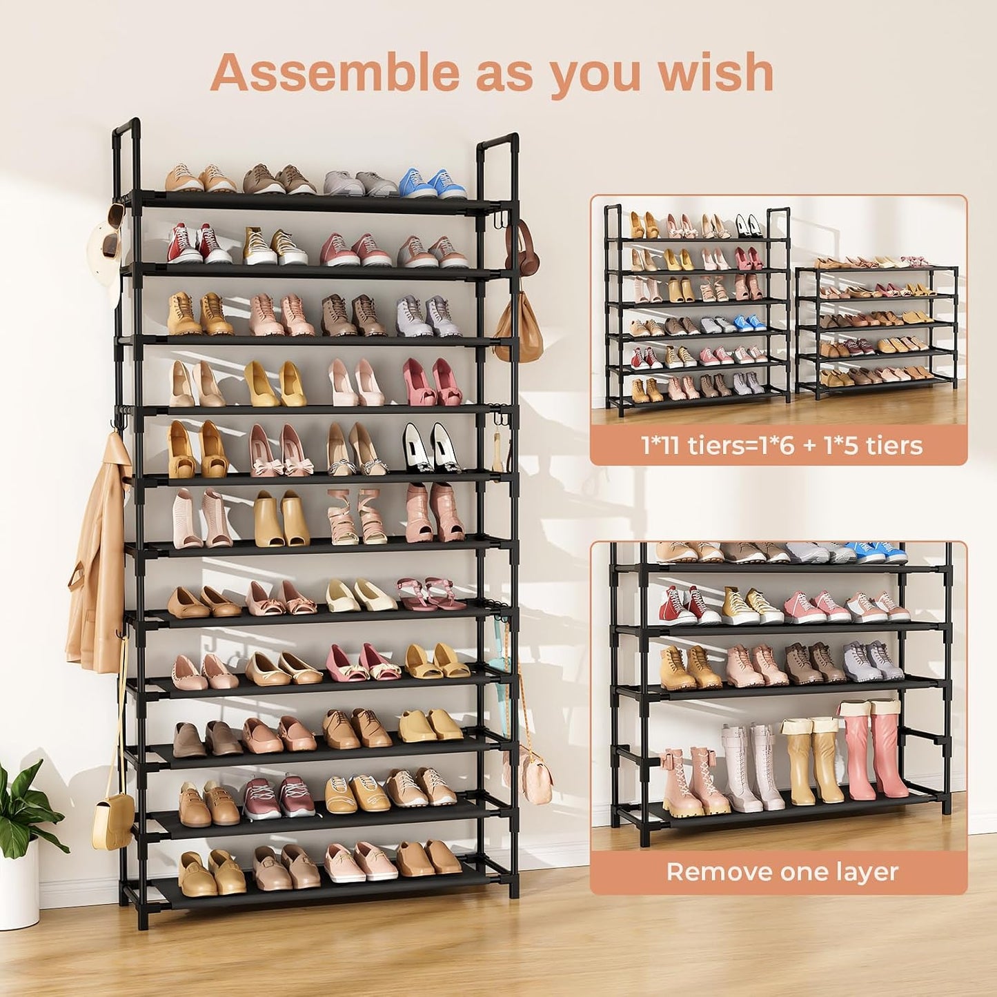 LANTEFUL 10 Tiers Shoe Rack 50 Pairs Large Capacity Tall Shoe Organizer Sturdy Shoe Storage with Two Hooks Space Saving Metal Wide Shoe Rack for Closet, Entryway, Bedroom, Black
