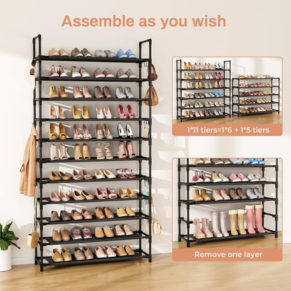 LANTEFUL 10 Tiers Shoe Rack 50 Pairs Large Capacity Tall Shoe Organizer Sturdy Shoe Storage with Two Hooks Space Saving Metal Wide Shoe Rack for Closet, Entryway, Bedroom, Black
