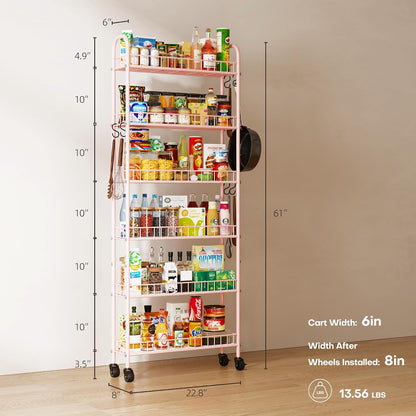 6-Tier Slim Storage Cart, Rolling Kitchen Cart with Wheels | Narrow Metal Shelf Organizer with Hooks for Kitchen, Bathroom, Living Room, Laundry, Small Spaces, Black, 6 in