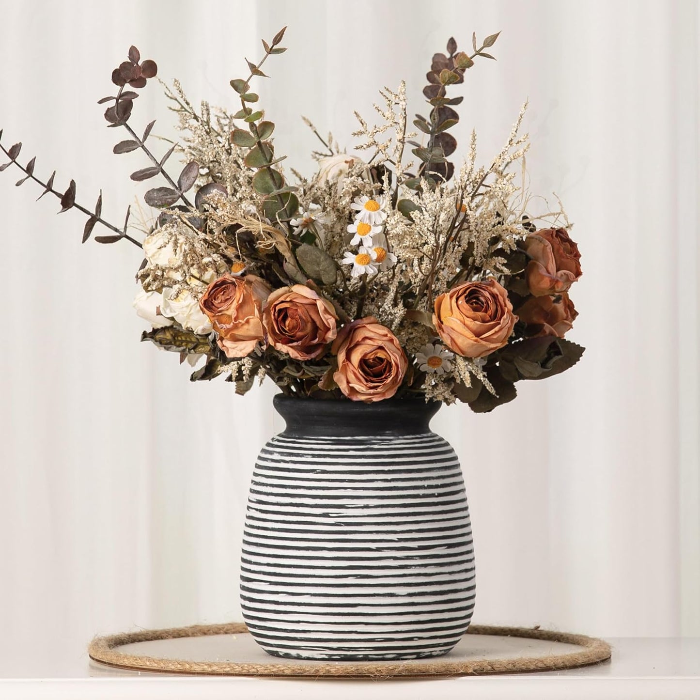 Ceramic Flower Vase, Small Rustic Farmhouse Vases Home Decor, Short Pottery Decorative Pampas Vase for Table Living Room Entryway Mantel Bookshelf Bedroom Bathroom Kitchen - 6" W