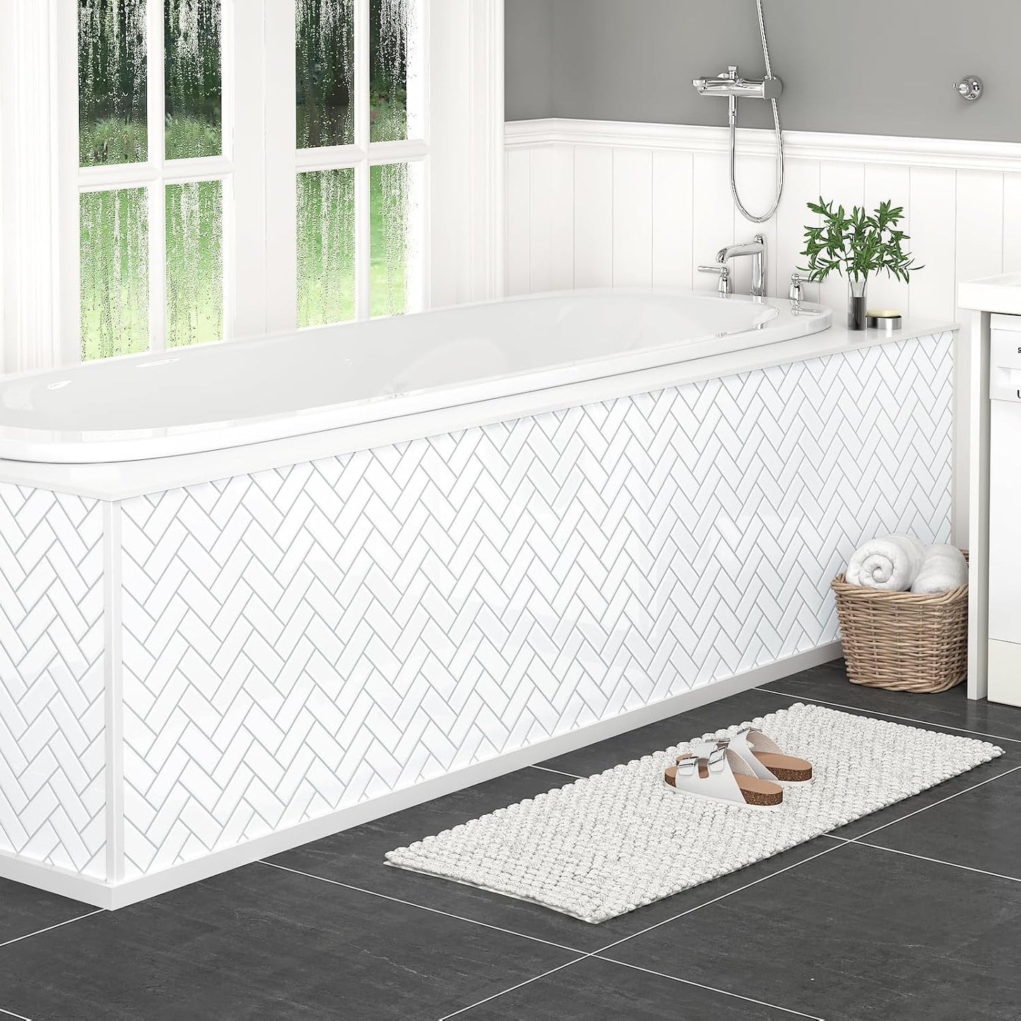 Peel and Stick Backsplash Herringbone White 10 Sheet Peel and Stick Shower Tile Waterproof 3D Tile Sticker Glossy Self Adhesive Renter Friendly Backsplash Herringbone for Kitchen Bathroom Laundry Room