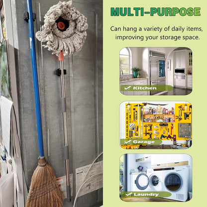 ULIBERMAGNET Magnetic Mop Broom Holder,Heavy Duty Movable Magnetic Broom Holder Rack,Anti-slip Wall Mounted Utility Storage Mop Shovel Hanger for Garage, Kitchen, Laundry, Garden(3 Racks / 4 Hooks)
