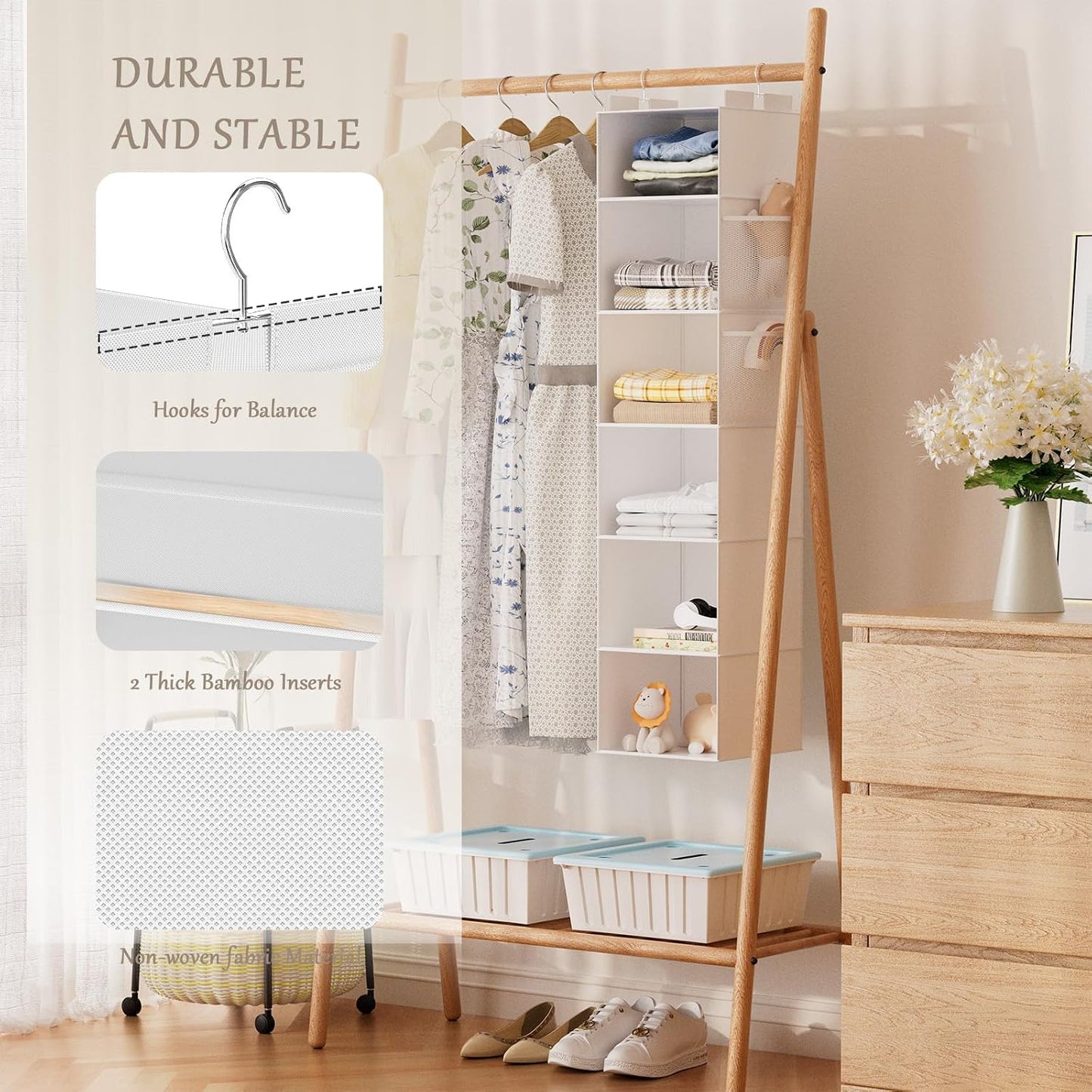 Weekly Hanging Closet Organizer for Kids, 6-Shelf Clothes Storage with Labeled Days of The Week Monday Through Friday, Weekday and Weekend, Days of The Week Clothes Organizer