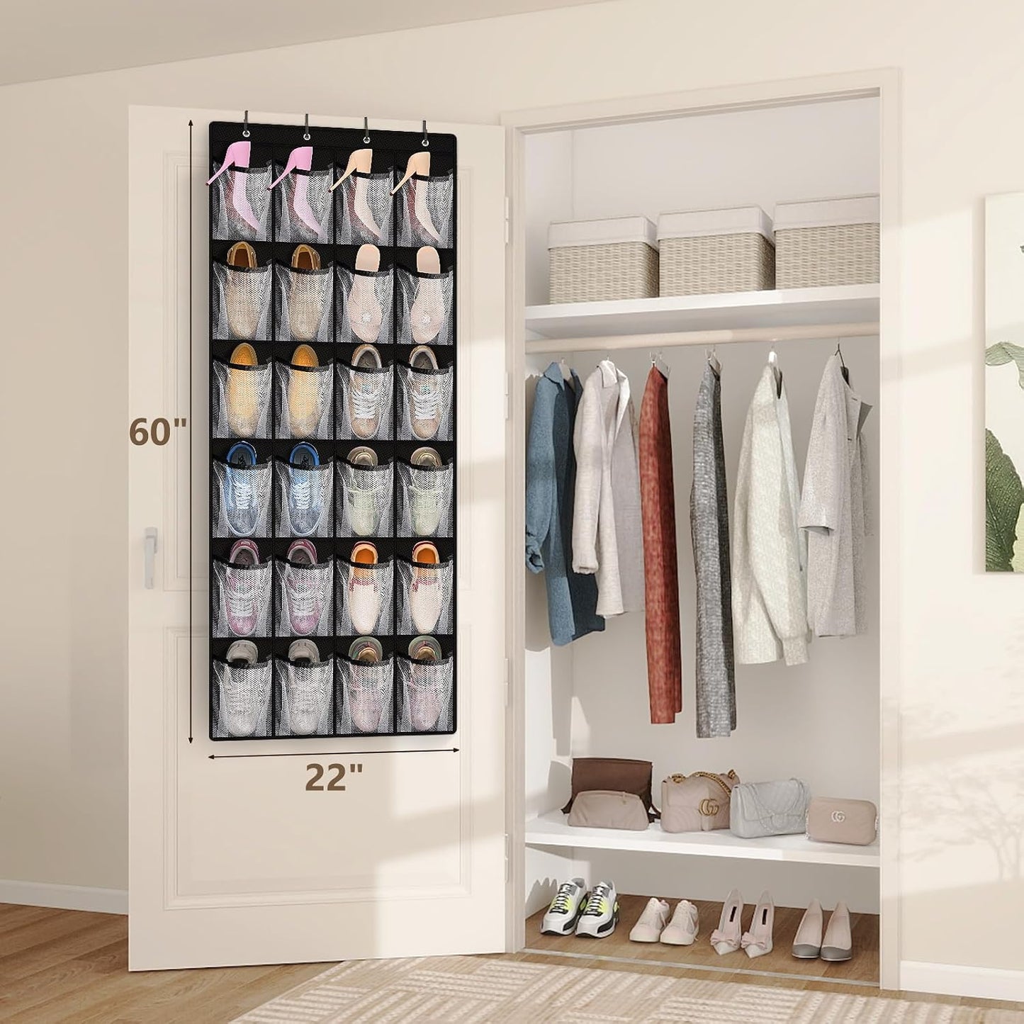 FENTEC 40 Large Pockets Over The Door Shoe Organizer, Mesh Hanging Shoe Organizer Shoe Rack for Closet Mesh Closet Shoe Holder, Over Door Organizer, Shoe Organizer for Wall, Grey, 1 Pack