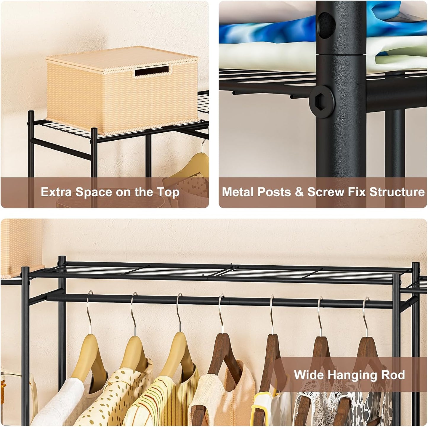 Neprock Wardrobe Closet, Portable Clothing Rack for Hanging Clothes, Free Standing Closet Organizers and Storage System with 4 Tiers Shelves for Cloakroom Bedroom,Black