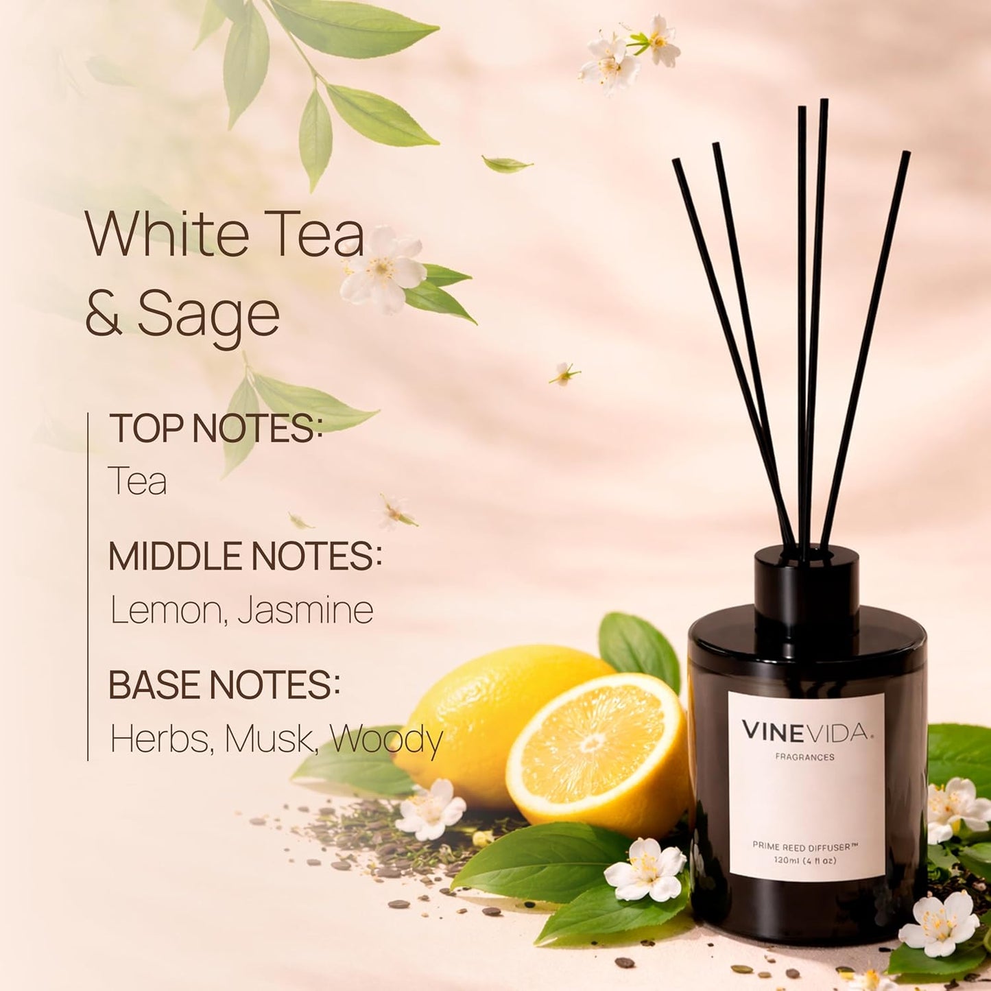 VINEVIDA | White Tea & Sage | Reed Diffuser for Home & Bathroom | Long-Lasting Scent Sticks Set | Oil Stick Diffuser | Bathroom Scent
