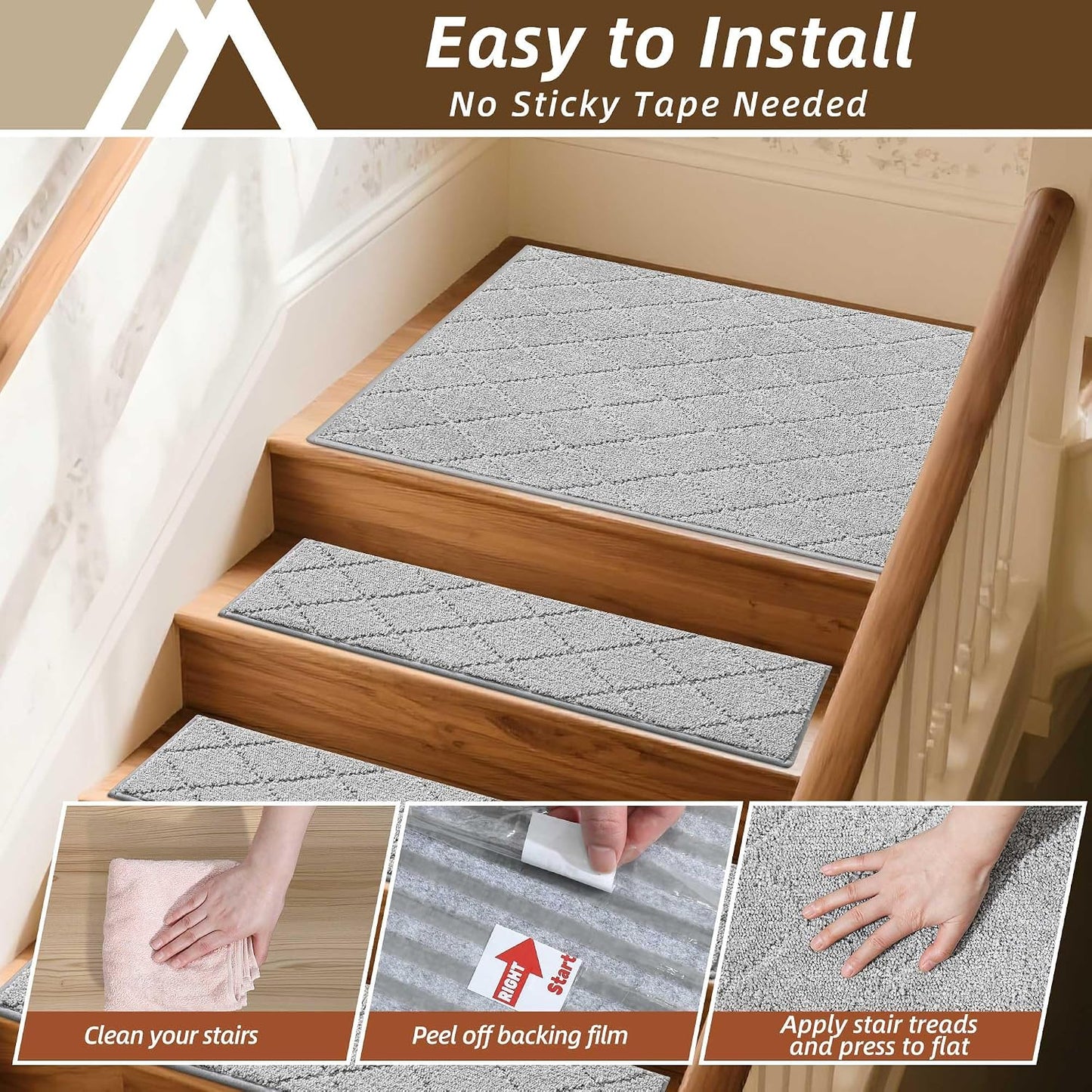 COSY HOMEER Edging Stair Treads Non-Slip Carpet Mat 28inX9in Indoor Stair Runners for Wooden Steps, Edging Stair Rugs for Kids and Dogs, 100% Polyester TPE Backing(4pc, Beige)