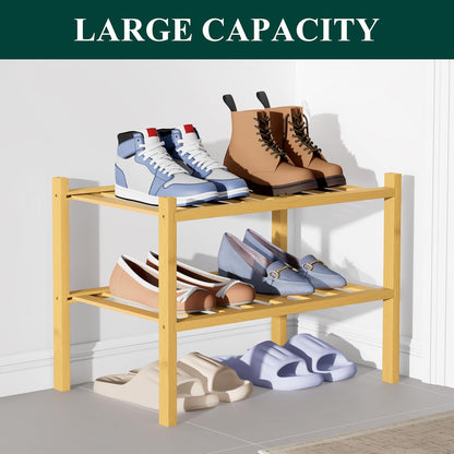 Smiry Bamboo Shoe Rack for Closet, 3 Tier Wooden Shoe Organizer, Stackable Wood Shoe Storage Shelf for Entryway, 14 Vertical Slats, One-piece Heavy-Duty Legs, 26.77"x11.02"x18.31", Natural