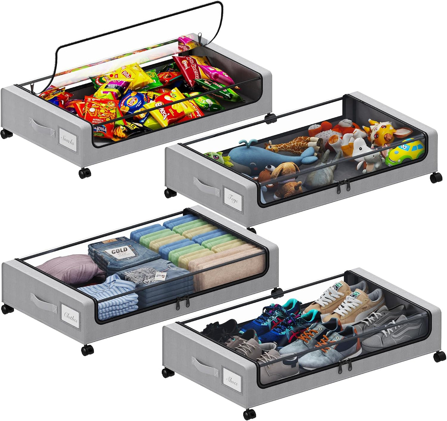 Tututry Under Bed Storage with Wheels, XXL 60L Under the Bed Storage Bins, Underbed Storage Containers with Lids & Label, Rolling Metal Drawer for Shoes, Clothes, Books, Toys (2-Pack Gray)