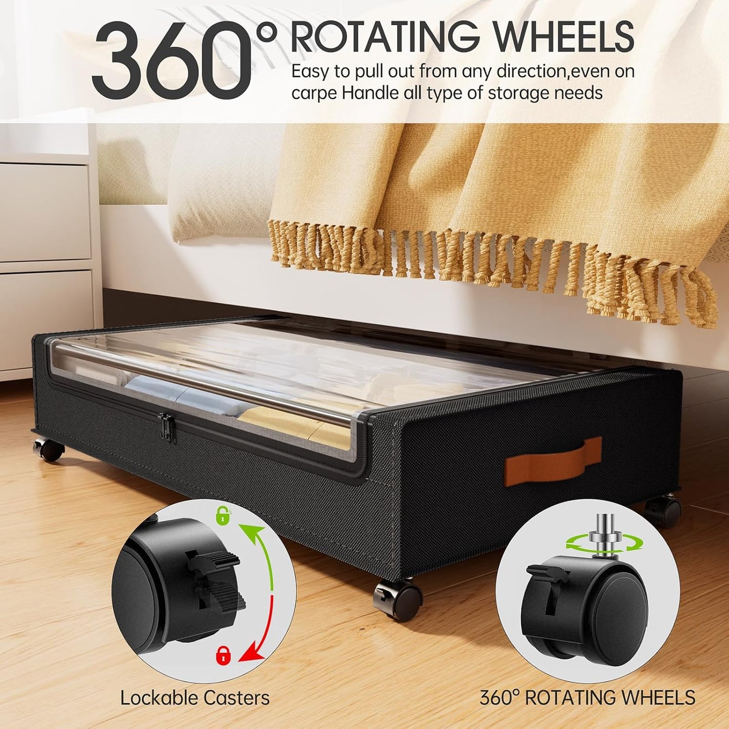 Yecaye Under Bed Storage with Wheels, 2 Pack Under Bed Storage Containers, 60L Underbed Shoe Storage with Clear Window & Label, Rolling Under Bed Metal Drawer for Clothes, Shoes, Books, Blankets