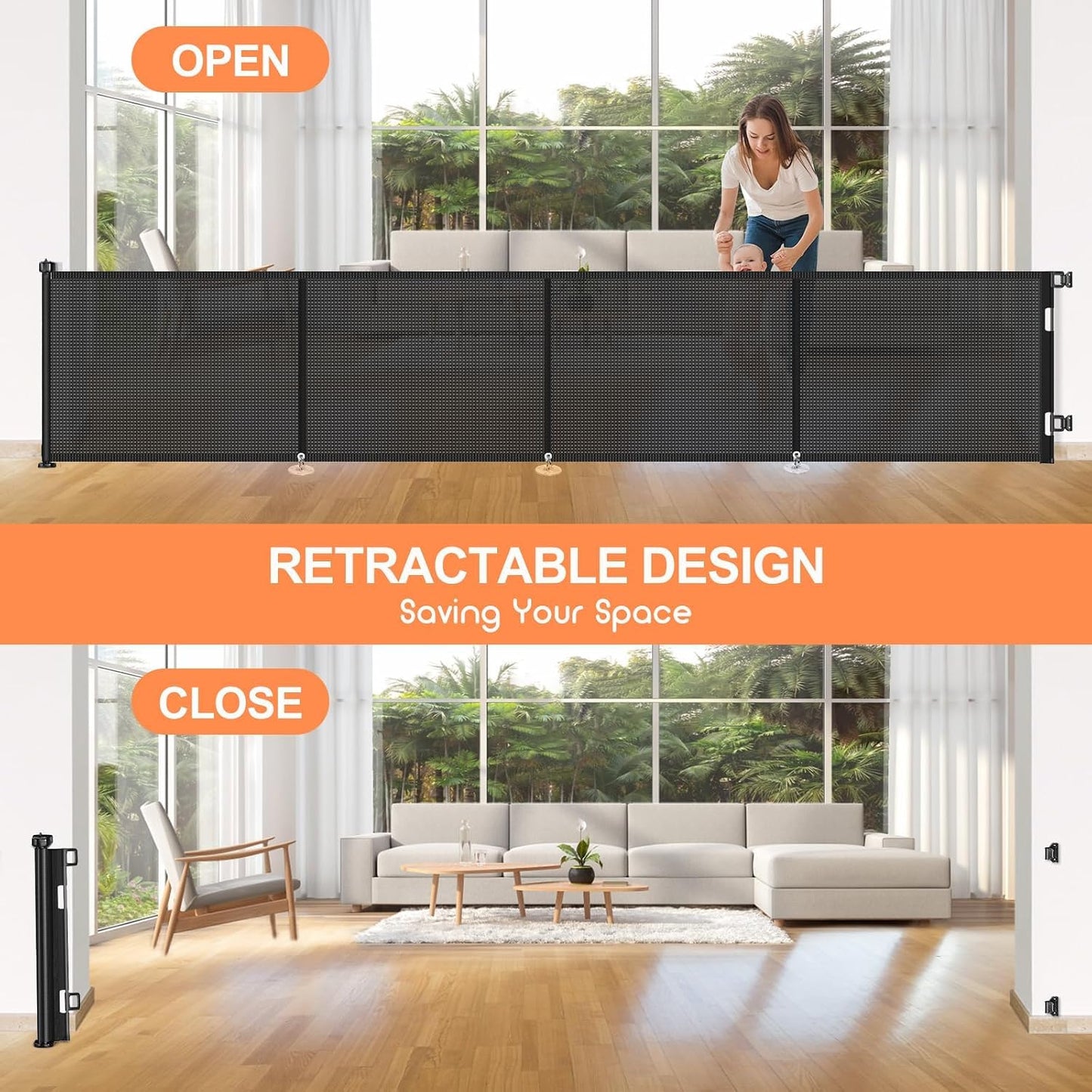 71 inch Retractable Baby Gates, EZIGO Extra Wide Baby Gate for Large Opening Extra Long Mesh Gate for Kids or Pet Dog Gate Child Safety Gate for Stairs Hallways Doorway Indoor Outdoor, Gray