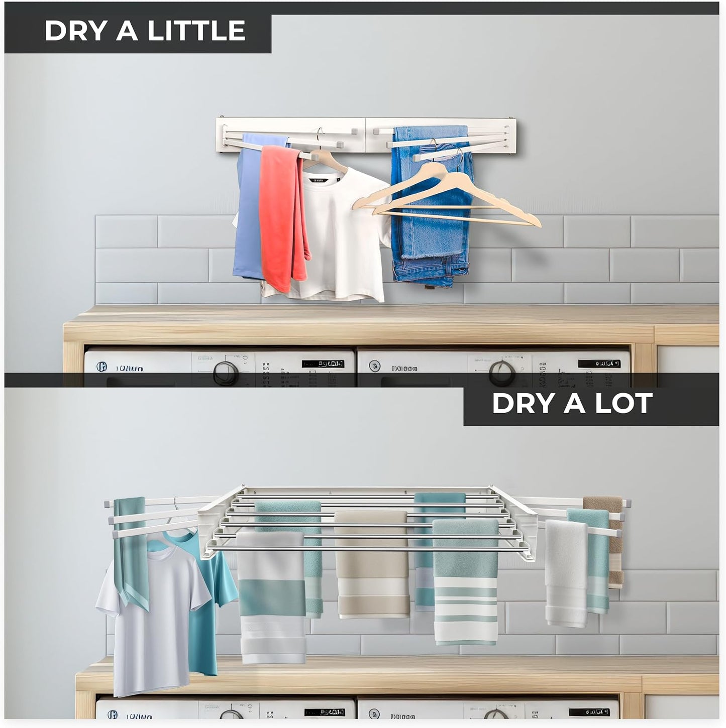 MODERN-X Wall Mounted Clothes Drying Rack Foldable w/ 2 Fold Out Towel Racks Built-in, 35in, 26 Ln. ft of Laundry Rack Space, 6 Collapsible Rods, Fits 2X More Clothes & Holds up to 80lbs, White