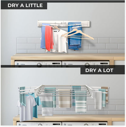 MODERN-X Wall Mounted Clothes Drying Rack Foldable w/ 2 Fold Out Towel Racks Built-in, 35in, 26 Ln. ft of Laundry Rack Space, 6 Collapsible Rods, Fits 2X More Clothes & Holds up to 80lbs, White