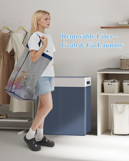 YECAYE 145L Double Laundry Hamper with Lid for Home, Dual Compartments hamper with Removable Bags, 2 Section Foldable Cloths Basket with lid, Double Cloths Basket with Color-Block Design