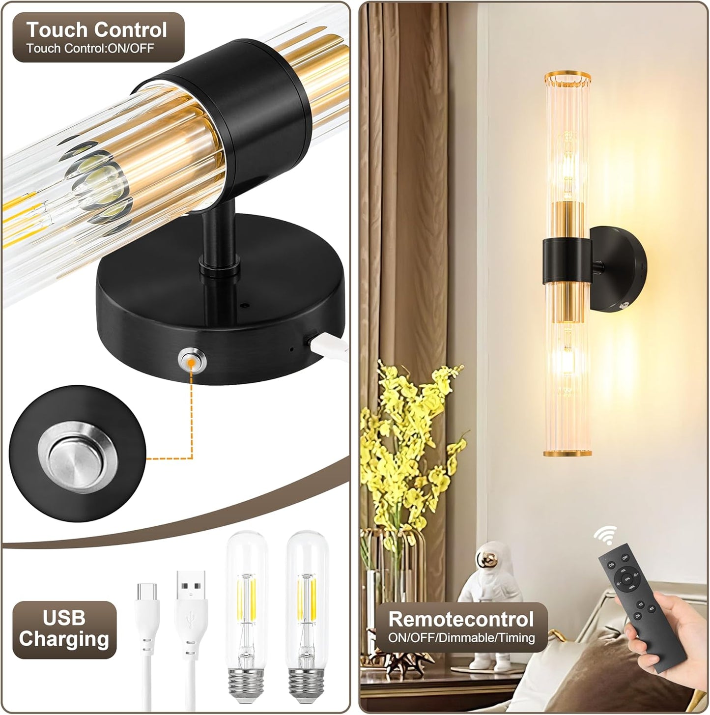 Morauroral Gold Battery Operated Wall Sconces Set of Two, Rechargeable Wall Sconce with Dimmable Remote Control, 20 Inch Wireless Sconce Wall Light for Bedroom, Living Room (Bulbs Included)