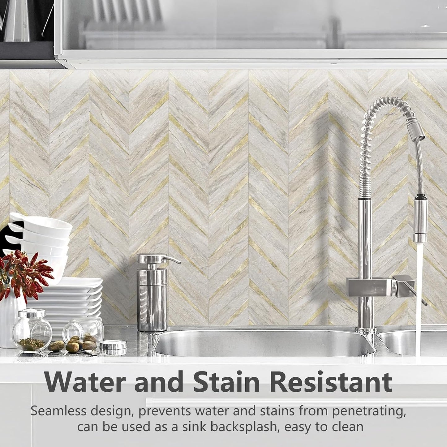 STICKGOO 10-Sheet Herringbone Tile Peel and Stick Backsplash, Beige Mixed Metal Gold PVC Stick on Backsplash, Self Adhesive Wall Tile for Kitchen and Bathroom