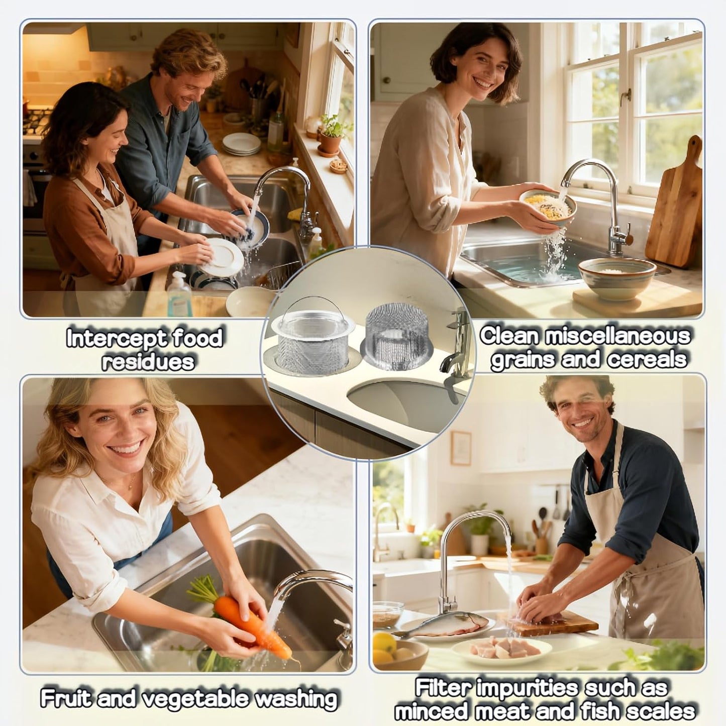 3" Kitchen Sink Strainer, 2-Pack Fine Mesh Basket - Catches Food Waste, Hair & Prevents Clogs, Rust-Proof Stainless Steel, Fits Standard Drain