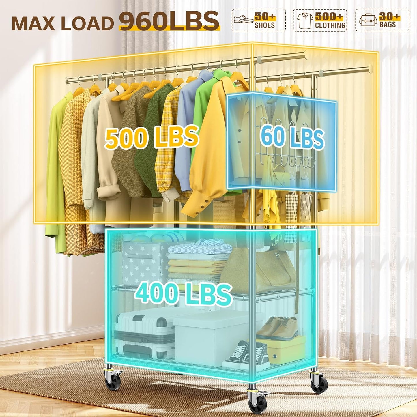 Upgraded 100% Stainless Steel Clothing Rack Load 760LBS, Heavy Duty Clothes Racks with Larger & Sturdy Wheel, Extendable & Adjustable Rolling Garment with Shelves for Hanging Portable Closet Rack