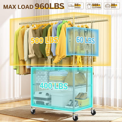 Upgraded 100% Stainless Steel Clothing Rack Load 760LBS, Heavy Duty Clothes Racks with Larger & Sturdy Wheel, Extendable & Adjustable Rolling Garment with Shelves for Hanging Portable Closet Rack
