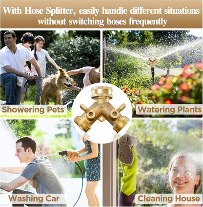 IPOW Solid Brass Body Backyard 2 Way Heavy Duty Y Valve Garden Hose Connector Splitter Adapter + 4 Rubber Hose Washers with Comfort Grip Use, 2 Pack