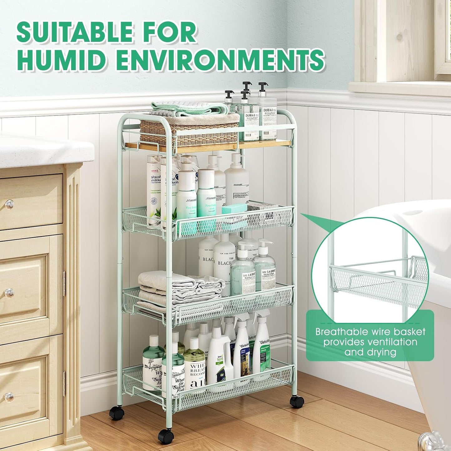 TOOLF 4-Tier Slim Rolling Cart, Metal Utility Cart, Slide Out Storage Cart with Wooden Tabletop and Mesh Baskets for Narrow Space on Kitchen Bathroom Laundry Room Bedroom Apartments Dormitory