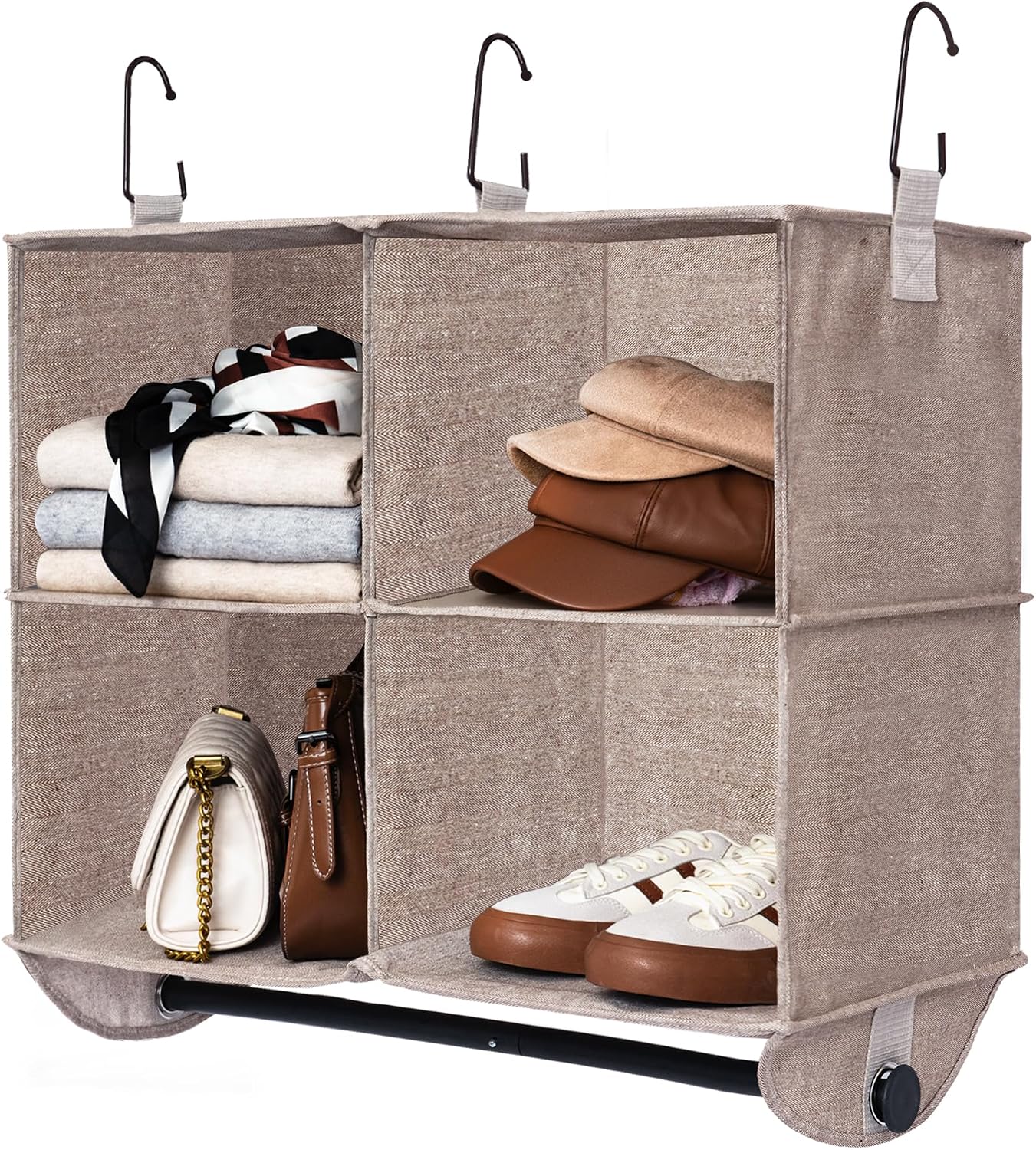 StorageWorks Hanging Closet Organizer with Metal Rod, 4-Section Closet Organizers and Storage, Collapsible Hanging Shelves for Baby Clothes, Shoes, Sweater Storage, Ivory and White