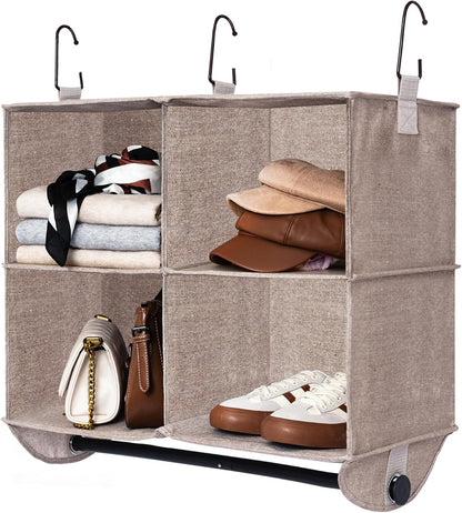 StorageWorks Hanging Closet Organizer with Metal Rod, 4-Section Closet Organizers and Storage, Collapsible Hanging Shelves for Baby Clothes, Shoes, Sweater Storage, Ivory and White