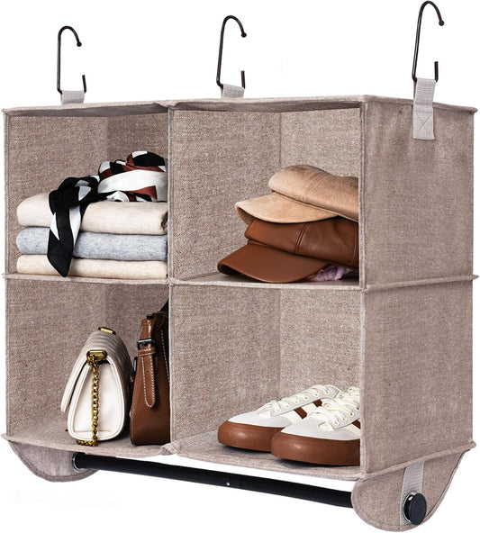 StorageWorks Hanging Closet Organizer with Metal Rod, 4-Section Closet Organizers and Storage, Collapsible Hanging Shelves for Baby Clothes, Shoes, Sweater Storage, Ivory and White
