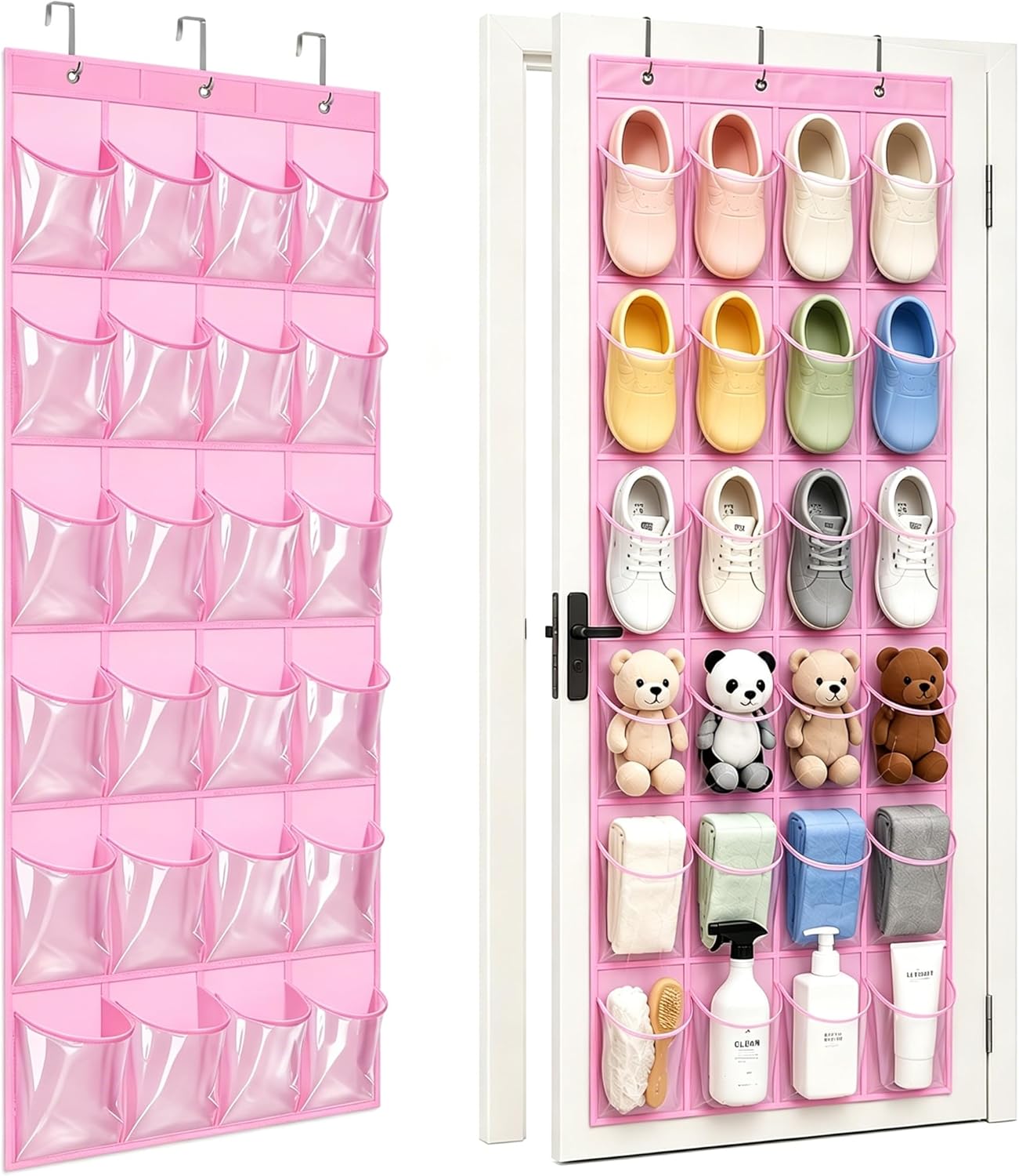 Over the Door Shoe Organizer with 24 Crystal Clear Pockets and Metal Hooks – Heavy Duty Hanging Shoe Storage Rack for Closet, Bathroom, Dorm – Space Saving for Shoes, Accessories, Toys (White)