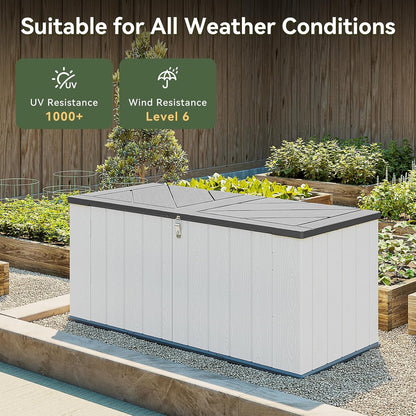 AOXUN Horizontal Storage Sheds 21 Cu.ft, HDPE Outdoor Storage Box 160 Gallon, Waterproof Lockable Resin Deck Box with Spring-Assisted Lid, Patio Storage for Garden, Pool, Cushions, Tools, White