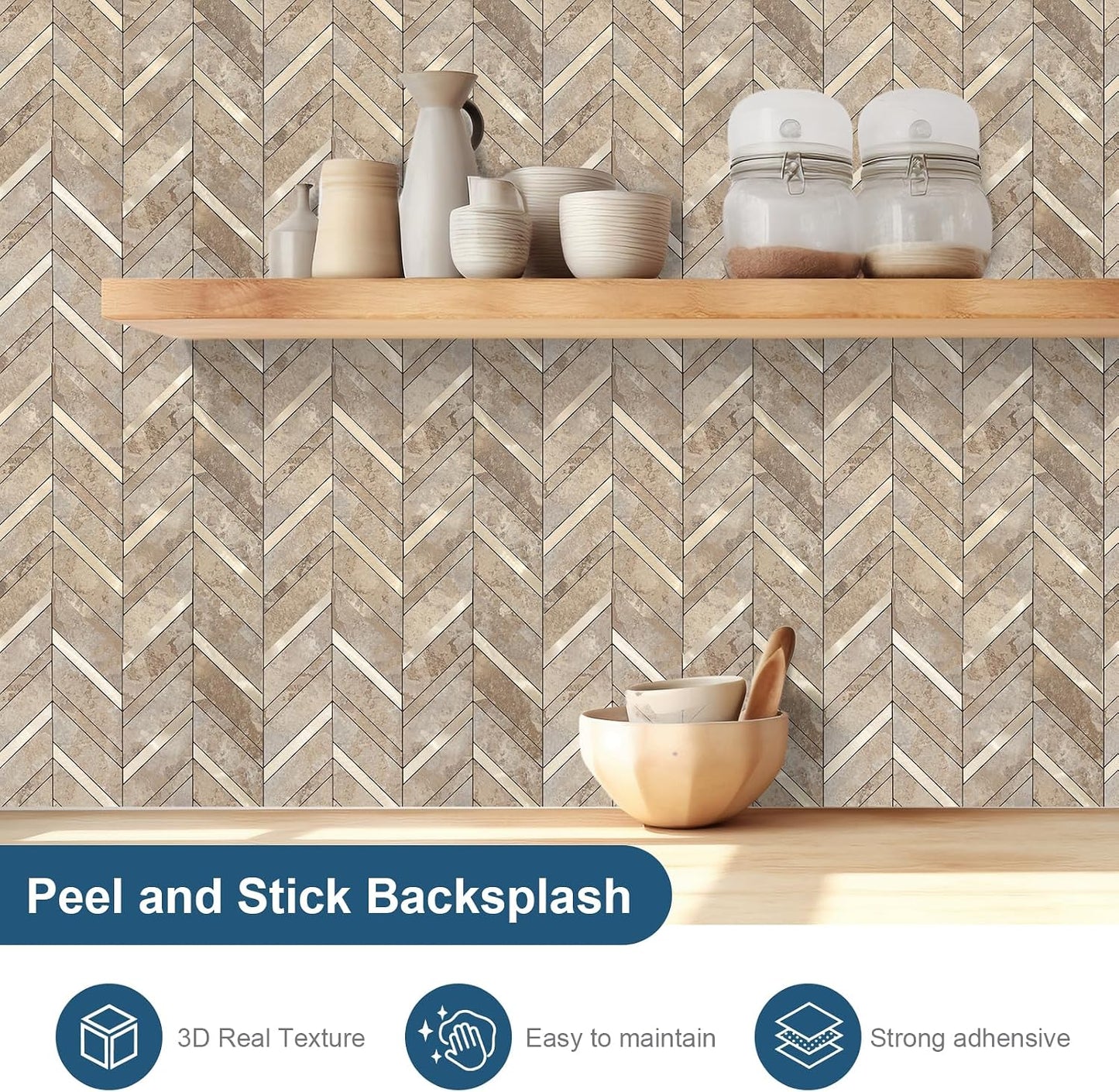 Yipscazo 10-Sheet Herringbone Backsplash Peel and Stick Tile, Polished White PVC Stick on Backsplash for Kitchen, Waterproof Self Adhesive Wall Tile for Bathroom